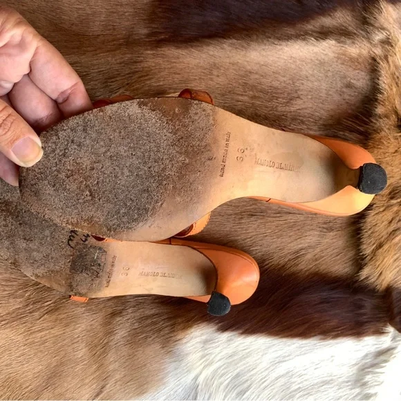MANOLO BLAHNIK strap leather kitten heels mules orange brown size 36 - Picture 8 of 12